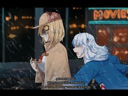  2girls ameiarts blonde_hair blue_eyes blue_hair coat deerstalker detective english_text gawr_gura gawr_gura_(1st_costume) hair_ornament hat highres hololive hololive_english multicolored_hair multiple_girls open_mouth outdoors pocket_watch rain shaded_face sharp_teeth shirt short_hair streaked_hair tail tears teeth trench_coat virtual_youtuber watch watson_amelia watson_amelia_(1st_costume) wet wet_clothes 