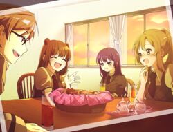  1boy 3girls :d black-framed_eyewear black_necktie blush brown_hair brown_jacket chair closed_eyes cookie cup curtains double_bun drink drinking_glass eating food gendai_mahou_gakuen_no_jijou_~shingakki~ glass glasses hair_bun harukaze_makoto highres indoors jacket light_brown_hair long_hair multiple_girls necktie open_mouth ponytail puffy_short_sleeves puffy_sleeves short_sleeves sitting smile sugar_bowl table teacup teapot twilight window 