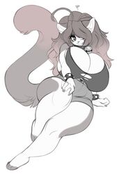  anthro bell big_breasts big_tail breasts buxbi cleavage cleavage_overflow clothed clothing collar crossed_legs domestic_cat felid feline felis female hair huge_breasts long_hair mammal monochrome nikki_(saucy) solo tail thick_thighs upset 