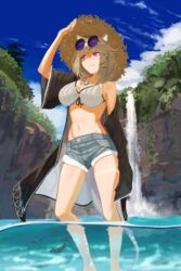  absurdres animal_ears arknights arm_up bikini black_jacket breasts brown_hair cleavage closed_mouth cloud day eyewear_on_head feet_out_of_frame female fish highres jacket jewelry large_breasts medium_hair navel off_shoulder official_alternate_costume outdoors partially_underwater_shot pendant purple_eyes shading_eyes short_shorts shorts smile solo strapless sunglasses swimsuit tail utage_(arknights) utage_(summer_flowers)_(arknights) wading water waterfall white_bikini yakupan 