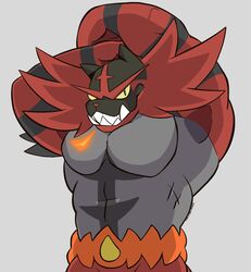  2023 absurd_res anthro flexing generation_7_pokemon green_eyes grey_background grey_body hi_res incineroar male muscular muscular_anthro muscular_male nintendo pokemon pokemon_(species) red_body sharp_teeth simple_background solo syncrotrace teeth yellow_sclera 