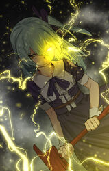  axe black_ribbon closed_mouth dress electricity eyepatch female fire_axe glowing glowing_eye grey_hair hair_between_eyes hair_ribbon holding holding_weapon ichihyaku_nanajuu korean_commentary last_origin long_hair lrl_(last_origin) one_side_up orange_eyes ribbon short_sleeves simple_background solo torn_clothes unworn_eyepatch upper_body weapon wrist_cuffs 