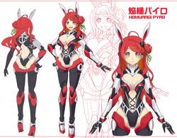  :d animal_ears ass bodysuit breasts butt_crack character_name cleavage concept_art female green_eyes hair_bun homuragi_pyro indie_virtual_youtuber large_breasts long_hair mecha_musume memento_vivi multiple_views open_mouth outline rabbit_ears red_hair simple_background single_hair_bun smile virtual_youtuber 