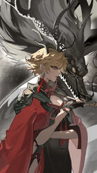  antlers bead_bracelet beads black_collar black_dress black_gloves blonde_hair bracelet breasts cape china_dress chinese_clothes chinese_commentary cleavage cleavage_cutout closed_mouth clothing_cutout collar commentary_request dragon dress earrings eastern_dragon female fingerless_gloves fingernails gloves highres holding holding_smoking_pipe horns jewelry kaoru_(alicemakoto) kicchou_yachie lips lipstick makeup profile red_cape short_hair side_slit small_breasts smoking_pipe solo touhou upper_body 