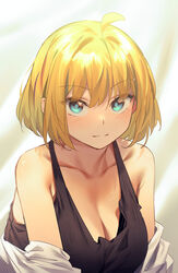  :3 ahoge blonde_hair blue_eyes blush breasts cleavage closed_mouth commentary female griffon_(last_origin) ichihyaku_nanajuu korean_commentary large_breasts last_origin looking_at_viewer open_clothes short_hair simple_background solo tank_top upper_body 