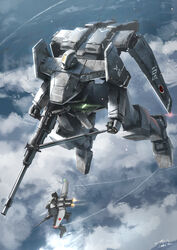  absurdres blue_sky cloud commission flying gun gungriffon highres machine_gun mecha military no_humans pixiv_commission robot sky takuan_(a_mood_home) type_12_high-macs weapon 