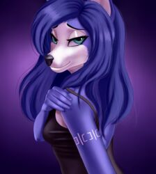  2023 absurd_res anthro black_clothing black_nose blue_body blue_fur blue_hair canid canine clothing demongirl_demoness digital_drawing_(artwork) digital_media_(artwork) female female_anthro fox fur hair hand_on_shoulder hi_res krystal_(star_fox) long_hair mammal multicolored_body multicolored_fur nintendo portrait simple_background solo star_fox white_body white_fur 