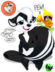  anthro black_body black_eyes black_fur black_nose clothing dialogue duo english_text fan_character feet fingers fur hair hat headgear headwear hi_res human looney_tunes male mammal markings mephitid navel open_mouth pepe_le_pew purple_hair sigh silent-sid_1992 simple_background skunk smelly smile solo_focus spanish_text sweater tail tail_markings text toes topwear translated warner_brothers white_background white_body white_fur white_hair white_markings 