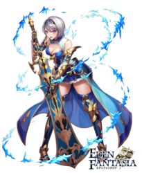  blue_skirt boots box_(hotpppink) breasts cleavage commentary_request eden_fantasia female full_body greatsword grey_hair headband ice official_art open_mouth oscar_(eden_fantasia) purple_eyes short_hair skirt smile solo swept_bangs sword thigh_boots weapon 