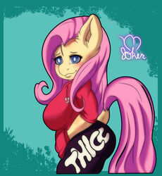  anthro ass big_breasts big_butt breasts equid equine female fluttershy_(mlp) friendship_is_magic hair hasbro hi_res horse madjoker mammal my_little_pony overweight pink_hair pony slightly_chubby slightly_chubby_anthro solo tail tail_motion tailwag thick_thighs worried 