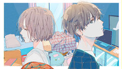  1boy amatsuki_(utaite) back-to-back bed bedroom blanket blue_eyes book brown_eyes brown_hair character_request check_character closed_mouth commentary_request controller curtains earrings female from_side hagimorijia highres indie_utaite indoors jewelry light_particles looking_at_viewer monitor paper parted_lips pillow power_strip profile remote_control shirt short_hair stud_earrings table upper_body utaite watch white_shirt window wristwatch 