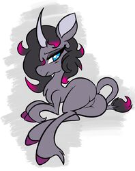  2023 ass big_butt black_hair blue_eyes chest_tuft curved_horn digital_drawing_(artwork) digital_media_(artwork) dock_(anatomy) equid equine eyelashes female feral fetlocks frown fur grey_body grey_fur grey_inner_ear grey_tail hair hi_res highlights_(coloring) hooves horn looking_at_viewer looking_back looking_back_at_viewer mammal multicolored_hair mythological_creature mythological_equine mythology oleander_(tfh) pink_highlights purple_hooves shinkaku simple_background solo suggestive tail tail_tuft them&#039;s_fightin&#039;_herds tuft two_tone_hair unicorn 