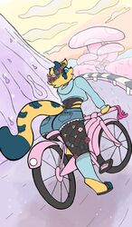  accessory ambiguous_gender anthro ass bicycle blue_eyes bottomwear clothing cremacat cycling digital_drawing_(artwork) digital_media_(artwork) felid femboy fishnet_clothing fishnet_legwear flat_colors flower flower_in_hair fur hair hair_accessory hi_res hoodie hotpants jaguar leggings legwear looking_back mammal markings mountain pantherine plant shorts solo spots spotted_body spotted_fur topwear vehicle yellow_body yellow_fur 