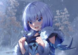  ardenlolo blue_eyes blurry blush cicin_mage_(genshin_impact) clothing_cutout commentary cryo_cicin_mage_(genshin_impact) day depth_of_field deviantart_logo embarrassed english_commentary facebook_logo female fur_trim genshin_impact hands_up holding holding_mask hood hood_down instagram_logo long_sleeves looking_at_viewer mask mixed-language_commentary nose_blush open_mouth outdoors paid_reward_available pixiv_logo short_hair shoulder_cutout side_cutout snowing solo sunlight twitter_logo twitter_username unworn_mask upper_body watermark white_hair wide_sleeves 