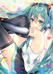  armpit_peek bare_shoulders black_skirt black_sleeves black_thighhighs blue_eyes collared_shirt commentary detached_sleeves feet_out_of_frame female green_hair grin hair_between_eyes hatsune_miku hatsune_miku_(nt) headphones legs_up long_hair long_sleeves looking_at_viewer looking_to_the_side piapro pleated_skirt revision shiomizu_(swat) shirt skirt sleeveless sleeveless_shirt smile solo thighhighs twintails very_long_hair vocaloid white_shirt 