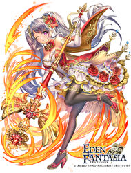  black_pantyhose breasts clarice_(eden_fantasia) cleavage commentary_request dress eden_fantasia elbow_gloves esphy fantasy female fire flower gloves grey_hair hair_flower hair_ornament highres holding holding_staff long_hair official_art one_eye_closed pantyhose purple_eyes red_flower red_footwear smile solo staff standing standing_on_one_leg swept_bangs twintails white_gloves 