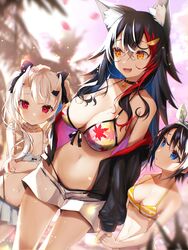  3girls :d absurdres aged_down animal_ears bad_id bad_pixiv_id bell bikini bikini_shorts bikini_skirt bikini_under_clothes black_bow black_choker black_hair black_jacket blue_bikini blue_bow blue_eyes blue_skirt blush bow bow_hairband breasts choker cleavage coconut_tree commentary_request frilled_bikini frilled_choker frills front-tie_bikini_top front-tie_top hair_between_eyes hair_ornament hairband hairbow hairclip headpat hiding hiding_behind_another highres holding_hands hololive horns jacket jingle_bell large_breasts leaf_print lens_flare long_hair long_sleeves looking_at_another looking_at_viewer medium_breasts motherly multicolored_hair multiple_girls nakiri_ayame nakiri_ayame_(hololive_summer_2019) navel nidaime_(doronbo) no_shirt off_shoulder official_alternate_costume oni ookami_mio ookami_mio_(hololive_summer_2019) oozora_subaru oozora_subaru_(hololive_summer_2019) open_clothes open_jacket outdoors palm_tree polka_dot polka_dot_hairband print_bikini red_eyes red_hair short_hair short_shorts shorts skin-covered_horns skirt small_breasts smile stomach streaked_hair striped_bikini striped_clothes sunlight swimsuit tree twintails virtual_youtuber white_bikini white_hair white_shorts wolf_ears wolf_girl yellow_bikini yellow_eyes 