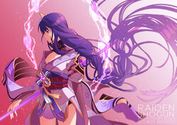  absurdly_long_hair armor blue_flower braid breasts character_name cleavage closed_mouth coattails commentary dakiarts electricity english_commentary female floating_hair floral_print flower genshin_impact hair_flower hair_ornament holding holding_weapon japanese_clothes kimono large_breasts long_hair long_sleeves mitsudomoe_(shape) obi obiage obijime purple_eyes purple_hair raiden_shogun ribbon sash shoulder_armor simple_background solo tassel tomoe_(symbol) very_long_hair weapon wide_sleeves 