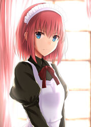  apron blue_eyes blurry blurry_background closed_mouth commentary_request curtains female hisui_(tsukihime) indoors juliet_sleeves long_sleeves looking_at_viewer maid maid_apron maid_headdress neck_ribbon pink_hair puffy_sleeves ram_hachimin red_ribbon ribbon short_hair solo standing tsukihime upper_body window wing_collar 