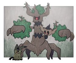  commentary_request crying full_body jaho looking_at_another mimikyu no_humans phantump pokemon pokemon_(creature) rain sad standing tears trevenant 