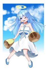  ;o bad_leg bare_shoulders bell bellringer_angel blue_eyes blue_footwear boss9331 bow dress dual_wielding earrings female halo halterneck holding holding_bell jewelry long_hair looking_at_viewer one_eye_closed outdoors shadowverse sleeveless sleeveless_dress solo white_dress 