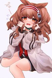  @_@ angelina_(arknights) animal_ears arknights bare_legs black_shirt black_shorts blush brown_hair chestnut_mouth coat commentary embarrassed feet_out_of_frame female hands_in_hair headband highres infection_monitor_(arknights) long_hair long_sleeves looking_at_viewer open_mouth orange_eyes red_eyes red_headband red_shirt shirt shorts sidelocks simple_background sitting solo takumi_mizuki translation_request twintails wavy_hair white_background white_coat 