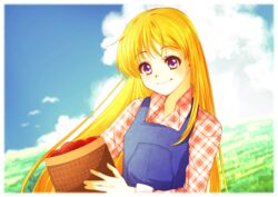  apple basket blonde_hair blue_eyes bokujou_monogatari claire_(bokujou_monogatari) day female food fruit grass harukaze_makoto highres long_hair long_sleeves looking_at_viewer outdoors overalls plaid plaid_shirt shirt smile solo upper_body very_long_hair 