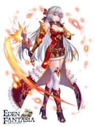  blue_eyes boots bow box_(hotpppink) breasts brown_gloves cleavage commentary_request dress eden_fantasia female frills full_body gloves grey_hair hairbow long_hair official_art red_bow red_dress rosalie_(eden_fantasia) smile solo standing thighhighs weapon white_thighhighs 