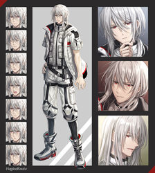  1boy artist_name black_legwear boots clenched_teeth closed_eyes closed_mouth commentary_request commission expressions grey_hair hagino_kouta hair_between_eyes hand_on_own_hip jacket long_hair male_focus multiple_views open_clothes open_jacket open_mouth original pants parted_lips red_eyes ribbed_legwear short_sleeves skeb_commission smile socks sweat teeth v-shaped_eyebrows white_footwear white_jacket white_pants 