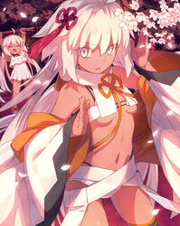  2girls ahoge bare_shoulders bikini black_legwear breasts dark-skinned_female dark_skin fate/grand_order fate_(series) grey_eyes haori highres japanese_clothes long_hair long_sleeves looking_at_viewer medium_breasts multiple_girls navel off_shoulder okita_souji_(fate) okita_souji_alter_(swimsuit_saber)_(fate) okita_souji_alter_(swimsuit_saber)_(second_ascension)_(fate) open_mouth rengoku_(fate) rengoku_(second_ascension)_(fate) saipaco smile swimsuit tassel thighhighs thighs very_long_hair white_bikini white_hair wide_sleeves 