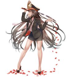  artist_name black_hair fate/grand_order fate_(series) female full_body hakuda_tofu hat high_heels highres holding holding_sword holding_weapon katana long_hair long_sleeves looking_at_viewer necktie oda_nobunaga_(fate) oda_nobunaga_(koha-ace) petals simple_background skirt solo standing sword very_long_hair watermark weapon white_background 