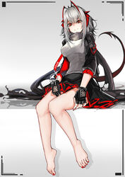  absurdres antennae arknights bare_legs barefoot black_gloves black_jacket black_skirt breasts chinese_commentary closed_mouth commentary demon_girl demon_horns demon_tail feet female fingerless_gloves full_body gloves grey_hair grey_scarf grey_shirt highres horns jacket legs long_hair looking_at_viewer medium_breasts nail_polish open_clothes open_jacket orange_eyes red_nails scarf shirt simple_background sitting skirt sleeves_rolled_up smile solo ss-7 tail toenail_polish toenails toes w_(arknights) 