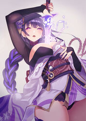  bad_id bad_pixiv_id blush braid breasts bridal_gauntlets cleavage commentary_request drawing_sword electricity female floral_print flower genshin_impact hair_ornament highres holding holding_sword holding_weapon human_scabbard japanese_clothes kimono lace-trimmed_panties lace_trim large_breasts long_hair looking_at_viewer magatama mole mole_under_eye musou_isshin_(genshin_impact) obi obiage obijime open_mouth panties partial_commentary purple_eyes purple_flower purple_hair purple_nails raiden_shogun ribbon sash simple_background solo sukoyaka93 sword tassel thighhighs underwear vision_(genshin_impact) weapon white_background 