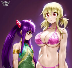  2girls armband bikini blonde_hair breast_envy breasts english_commentary fairy_tail flat_chest frown gradient_background halterneck highres huge_breasts looking_at_breasts low_twintails lucy_heartfilia multiple_girls muscular muscular_female navel pink_bikini purple_background purple_eyes purple_hair red_eyes serious signature sweat sweatdrop swimsuit the_golden_smurf toned twintails underboob v-shaped_eyebrows wendy_marvell 