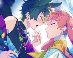  2boys animal_ears bat_ears bat_wings black_hair blush commentary_request ensemble_stars! facing_another highres itsuki_shu kagehira_mika kenpi_(kentin_jiru) male_focus multiple_boys open_mouth pink_hair purple_eyes rabbit_ears short_bangs short_hair soleil_(ensemble_stars!) teeth wings yaoi yellow_eyes 