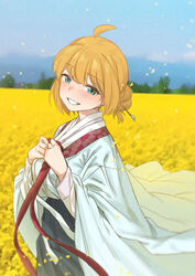  ahoge alternate_costume blonde_hair blue_eyes blush breasts day female field floral_print flower flower_field griffon_(last_origin) grin hair_bun hair_ornament hairpin ichihyaku_nanajuu korean_clothes korean_commentary last_origin looking_at_viewer outdoors short_hair single_hair_bun sky smile solo upper_body wide_sleeves 