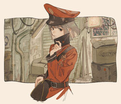  bag belt box brown_background brown_eyes brown_hair cardboard_box closed_mouth commentary_request female hat highres industrial_pipe jacket long_sleeves looking_at_viewer military_hat mop original outdoors red_hair red_jacket short_hair shoulder_bag solo tsubonari upper_body 