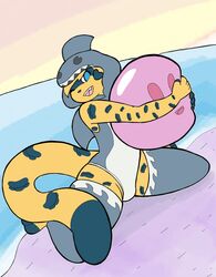  ambiguous_gender anthro ball beach beach_ball blue_eyes clothing cremacat digital_drawing_(artwork) digital_media_(artwork) felid femboy flat_colors fur hi_res inflatable jaguar kneeling legwear looking_at_viewer mammal markings pantherine seaside solo spots spotted_body spotted_fur swimwear yellow_body yellow_fur 