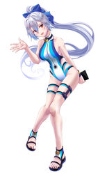  blue_bow blue_one-piece_swimsuit blue_ribbon bow breasts collarbone fate/grand_order fate_(series) female full_body grey_hair groin hair_between_eyes hair_ribbon highleg highleg_swimsuit long_hair medium_breasts mitsudomoe_(shape) multicolored_clothes multicolored_swimsuit one-piece_swimsuit open_mouth ponytail red_eyes ribbed_legwear ribbon simple_background solo striped_wristband swimsuit thigh_strap tomoe_(symbol) tomoe_gozen_(fate) tomoe_gozen_(swimsuit_saber)_(fate) totororo two-tone_swimsuit white_background white_one-piece_swimsuit 