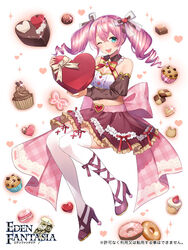  ;d back_bow blue_eyes bow box breasts brown_skirt brown_sleeves candy cleavage commentary_request cookie cupcake detached_collar detached_sleeves doughnut drill_hair eden_fantasia female food hairbow haruyuki_14 heart-shaped_box highres huge_bow long_hair lydia_(eden_fantasia) midriff muffin official_art one_eye_closed open_mouth pink_bow pink_hair purple_footwear skirt smile solo thighhighs twin_drills valentine white_thighhighs 