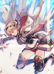  armor blonde_hair breasts cloak conqueror_of_the_eternals djeeta_(granblue_fantasy) ear_piercing female gauntlets granblue_fantasy greaves napoli-tan_(deuil) piercing red_shorts short_shorts shorts shoulder_armor smile solo white_cloak 