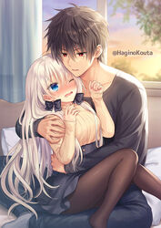  1boy black_bow black_hair black_pants black_skirt blue_eyes blush bow breasts brown_legwear brown_sweater collarbone commentary_request commission cuddling feet_out_of_frame female hagino_kouta hair_between_eyes hairbow hug indoors long_hair long_sleeves medium_breasts no_shoes nose_blush on_bed original pants pantyhose parted_lips red_eyes ribbed_sweater skeb_commission skirt sleeves_past_wrists straight sunset sweat sweater twitter_username v-shaped_eyebrows very_long_hair white_hair window 