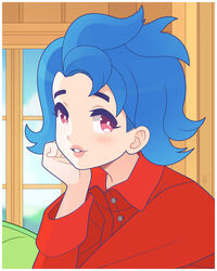  blue_hair blush border bright_pupils collared_shirt day emily_(stardew_valley) female head_rest highres indoors lips looking_at_viewer louis_lloyd-judson medium_hair parted_lips pink_eyes portrait red_shirt shirt solo stardew_valley white_border white_pupils window 