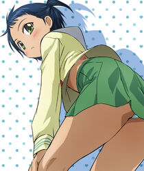  ass blue_hair chu-bra!! closed_mouth female green_eyes green_skirt haruyama_kazunori jinguuji_yako looking_at_viewer panties pleated_skirt polka_dot polka_dot_background skirt solo underwear upskirt 