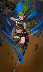  absurdres arknights belt black_gloves bracelet breasts canteen chainsaw cleavage crocodilian_tail crop_top elbow_gloves female floating_hair gavial_(arknights) gavial_the_invincible_(arknights) gloves goggles goggles_on_head green_eyes green_shorts green_thighhighs highres holding holding_chainsaw jewelry long_hair material_growth navel necklace open_mouth orange_background oripathy_lesion_(arknights) pointy_ears ponytail pouch respirator short_shorts shorts sidelocks small_breasts smile solo tail thighhighs yakupan yellow_eyes 