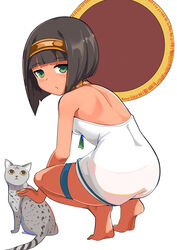  absurdres baguette black_hair blunt_bangs blush bob_cut bread breasts dark-skinned_female dark_skin dress egyptian_clothes egyptian_loli_(surio) feline female female_child food green_eyes highres kneeling lolicon looking_at_viewer original solo surio tan 