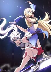  2girls absurdres armpits arms_up artist_name bianka_durandal_ataegina black_gloves blonde_hair blue_eyes breasts cruzvu dress elbow_gloves figure_skating figure_skating_dress full_body gloves highres honkai_(series) honkai_impact_3rd ice_skates ice_skating kiana_kaslana long_hair multiple_girls ponytail purple_dress purple_sleeves siblings sisters skates skating standing standing_on_one_leg white_dress white_hair 