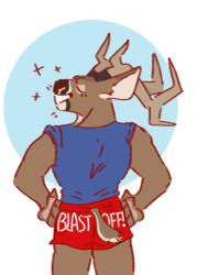  2023 anthro antlers back_muscles biped boxers_(clothing) buck_gordon clothing deer horn humor male mammal muscular muscular_male new_world_deer reindeer sentient-cloud solo sparkles text text_on_clothing text_on_underwear underwear wizard101 