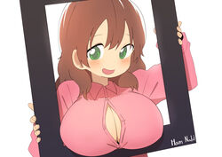  absurdres blush breasts bural_chingu button_gap character_name cleavage commentary female green_eyes hair_between_eyes ham_na-bi highres huge_breasts korean_commentary long_hair looking_at_viewer luke_(dydansgur) open_mouth original pink_shirt shirt simple_background smile solo white_background 