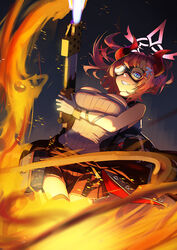  black_skirt blue_archive blue_eyes breasts clothes_around_waist female fire flamethrower garter_straps gloves goggles grey_shirt grin hair_ornament halo highres horns large_breasts long_hair looking_at_viewer megu_(blue_archive) miniskirt pointy_ears pouch red_hair shirt sidelocks skirt smile solo strapless strapless_shirt weapon white_gloves yakupan 